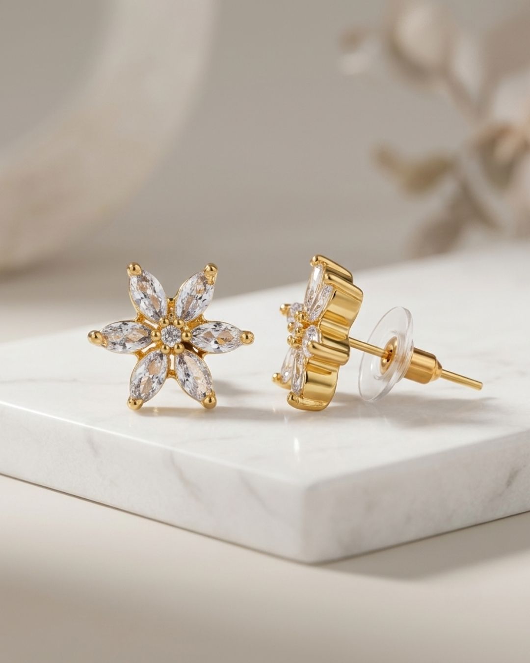 Floral American Diamond Gold Finish AD Stud Earrings for Women
