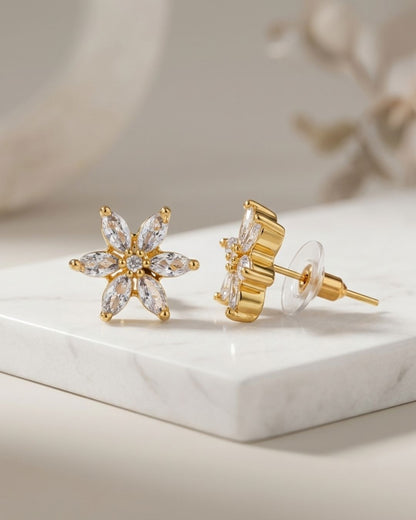 Floral American Diamond Gold Finish AD Stud Earrings for Women