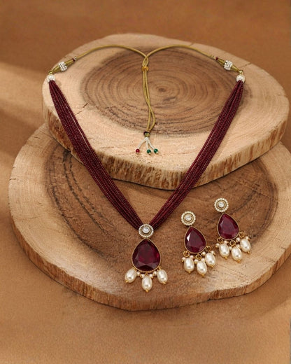 Royal Maroon Hydro Beaded Polki Moissanite Necklace Set