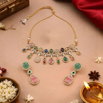 Traditional Beaded Necklace Set with Colourful Stones