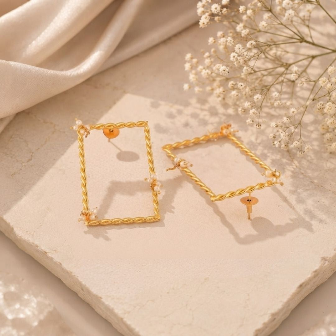 Twisted Frame Rectangle Pearl Dangle Earrings