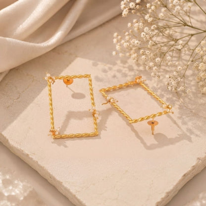 Twisted Frame Rectangle Pearl Dangle Earrings