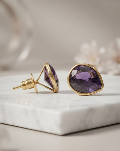 Purple Faceted Stone Stud Earrings for Women
