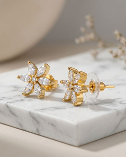 Floral American Diamond Gold Finish AD Stud Earrings for Women