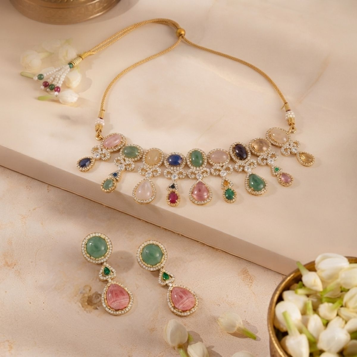 Traditional Beaded Necklace Set with Colourful Stones