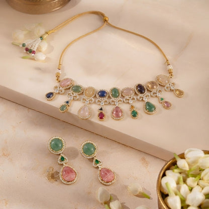 Traditional Beaded Necklace Set with Colourful Stones