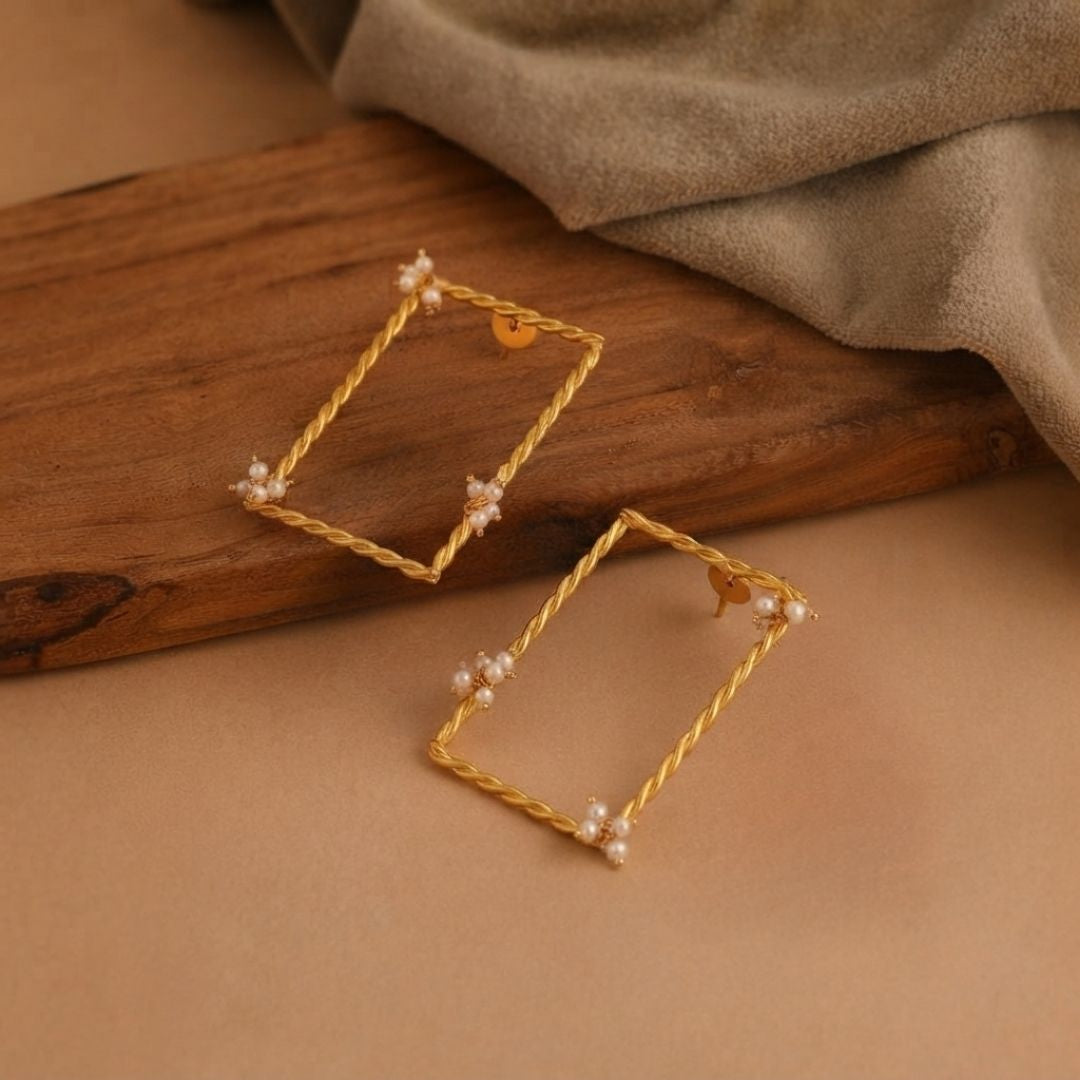 Twisted Frame Rectangle Pearl Dangle Earrings