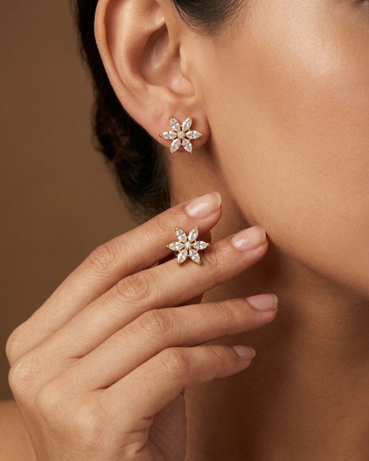 Floral American Diamond Gold Finish AD Stud Earrings for Women