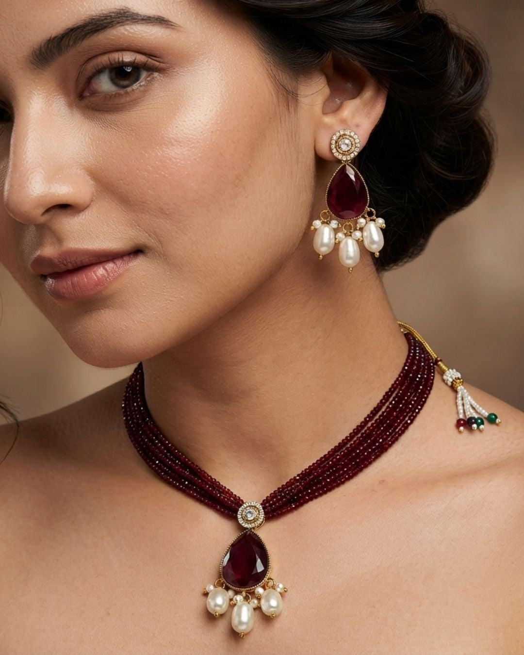 Royal Maroon Hydro Beaded Polki Moissanite Necklace Set