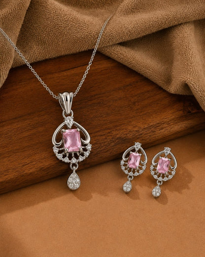 Pink Radiance Silver Finish Bridal Pendant Set