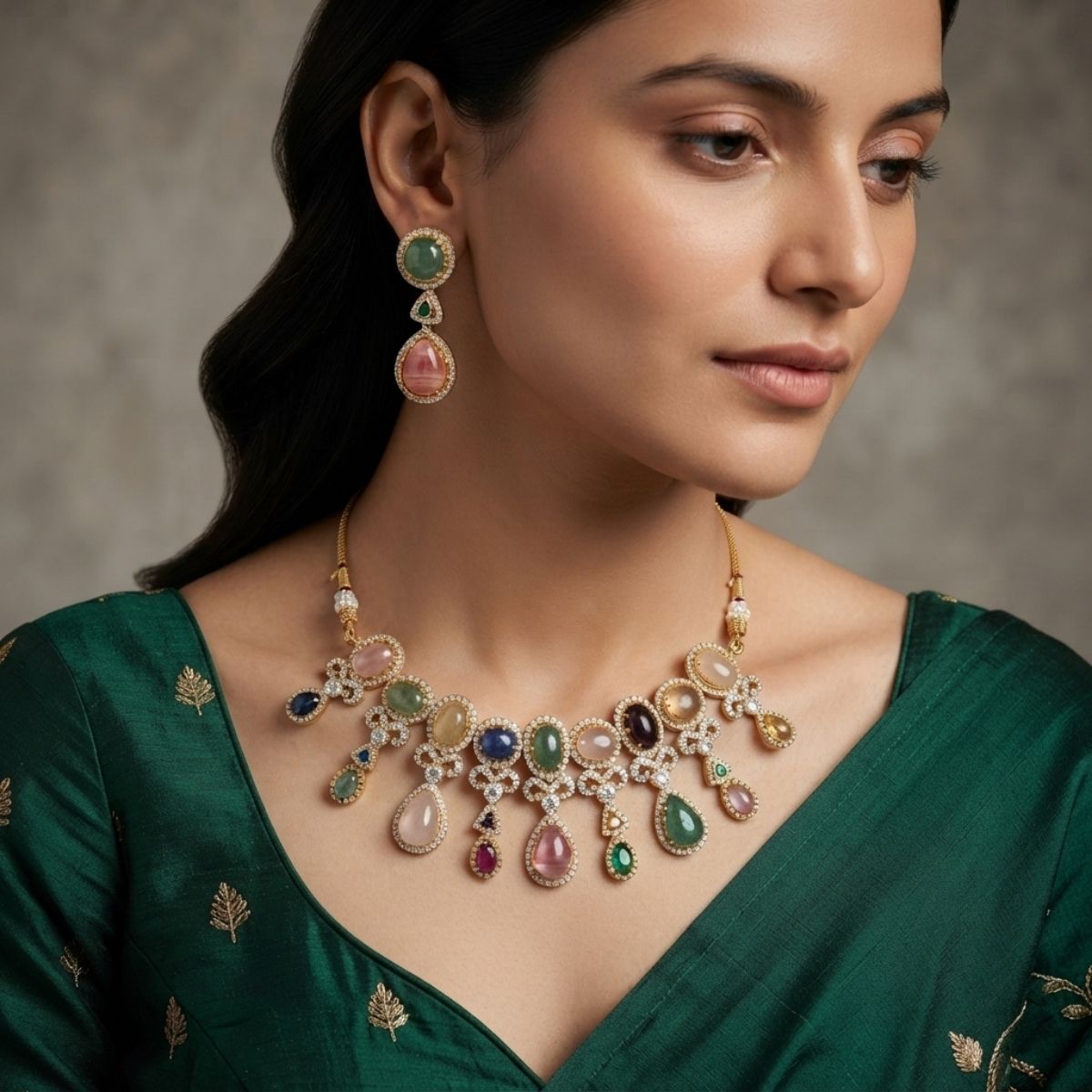 Traditional Beaded Necklace Set with Colourful Stones