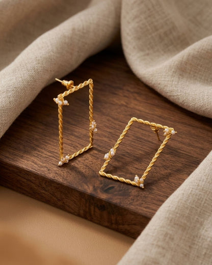 Twisted Frame Rectangle Pearl Dangle Earrings