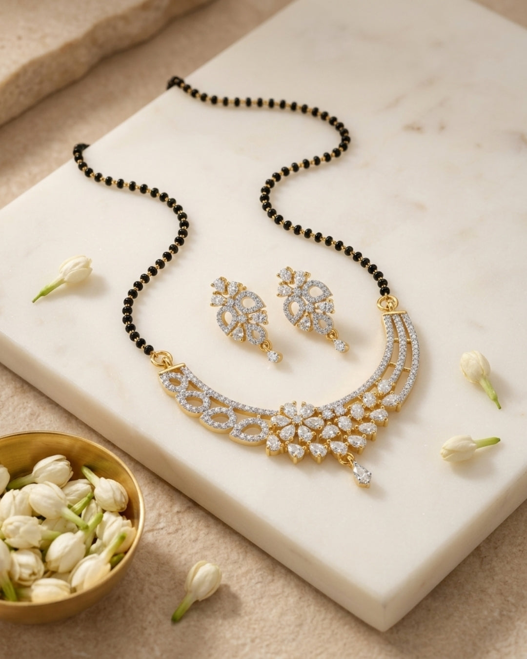 Traditional Black Beads Mangalsutra | Modern American Diamond Design