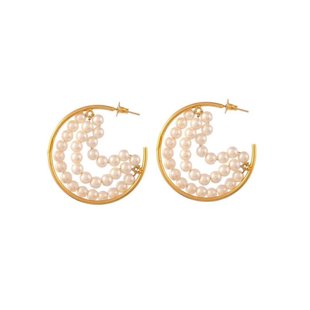 Handcrafted Pearl Half Hoop Gold Earrings