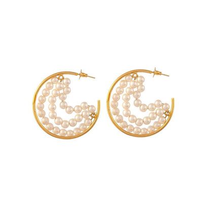 Handcrafted Pearl Half Hoop Gold Earrings