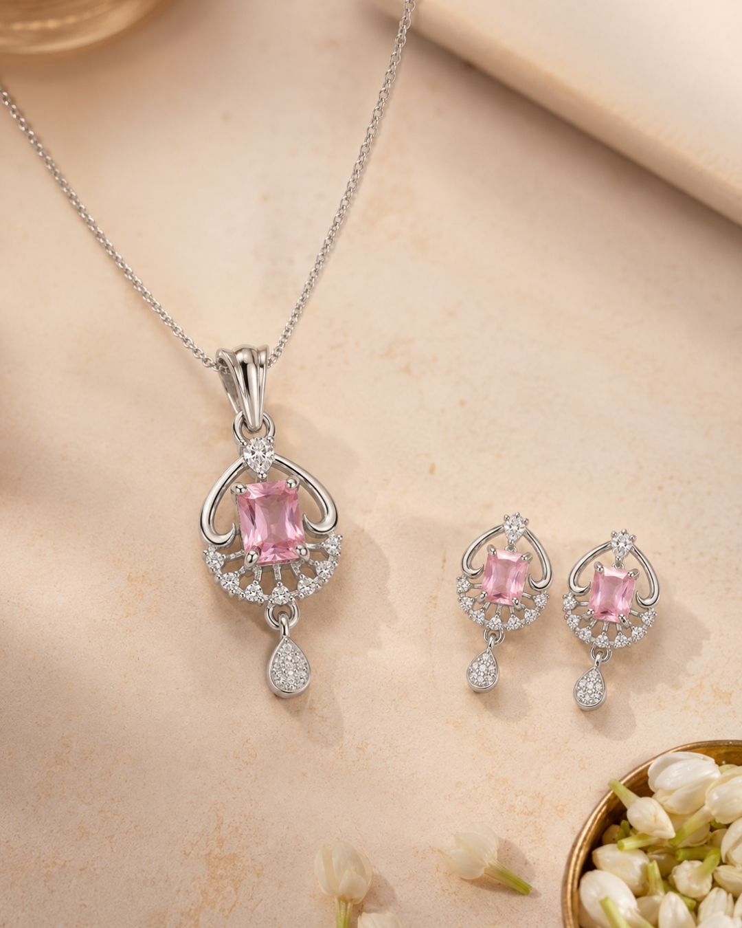 Pink Radiance Silver Finish Bridal Pendant Set