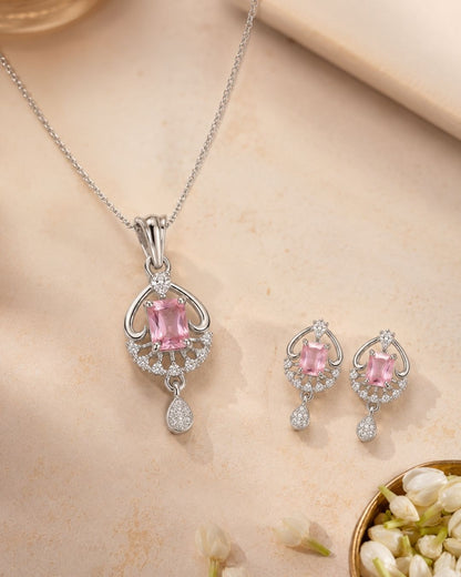 Pink Radiance Silver Finish Bridal Pendant Set