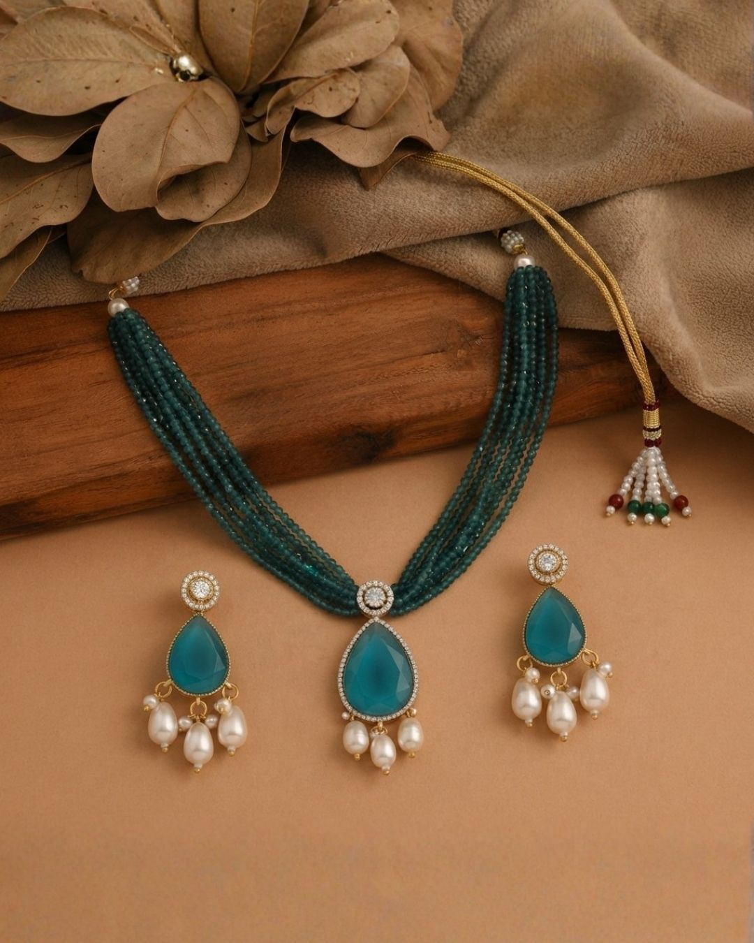 Royal Blue Hydro Beaded Polki Moissanite Necklace Set