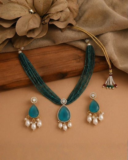 Royal Blue Hydro Beaded Polki Moissanite Necklace Set