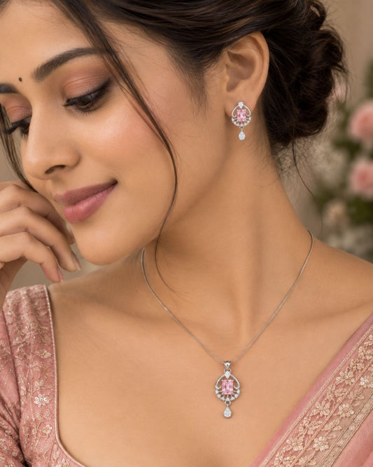 Pink Radiance Silver Finish Bridal Pendant Set