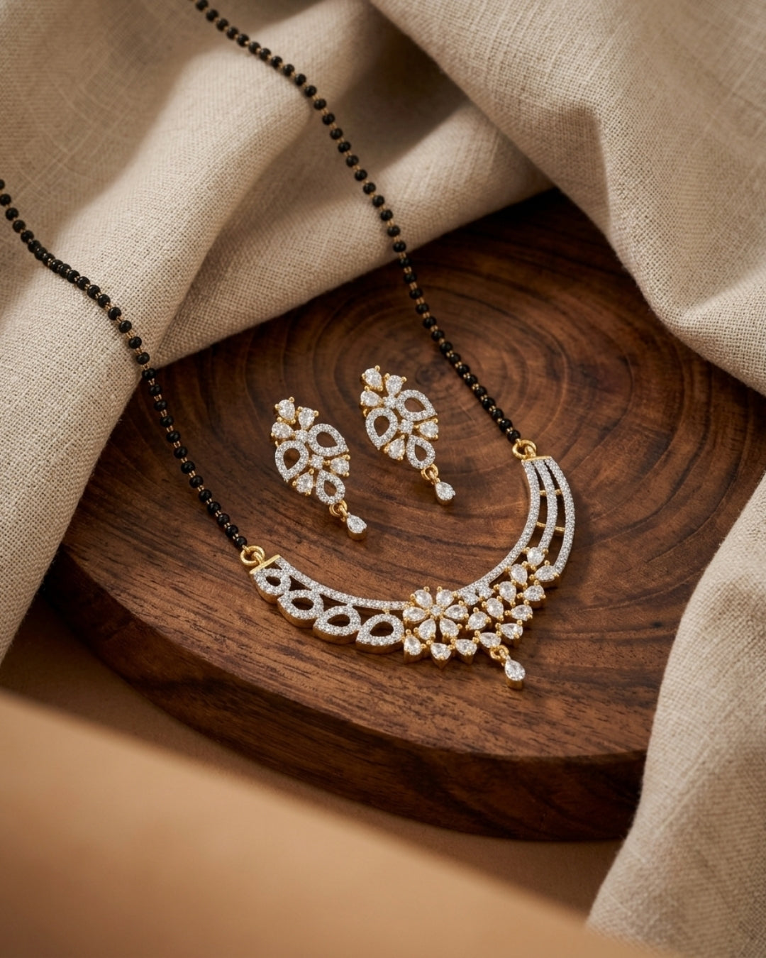Traditional Black Beads Mangalsutra | Modern American Diamond Design