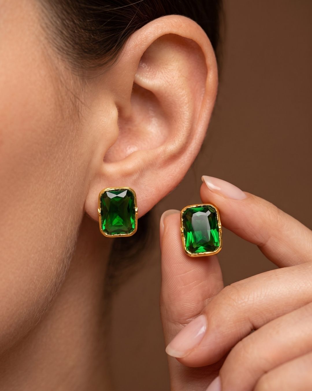 Green Rectangular Stone Stud Earrings for Women