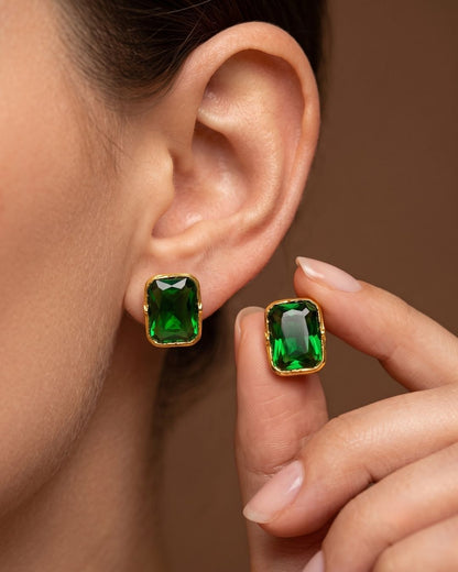 Green Rectangular Stone Stud Earrings for Women