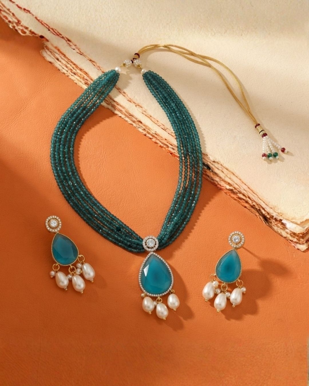 Royal Blue Hydro Beaded Polki Moissanite Necklace Set