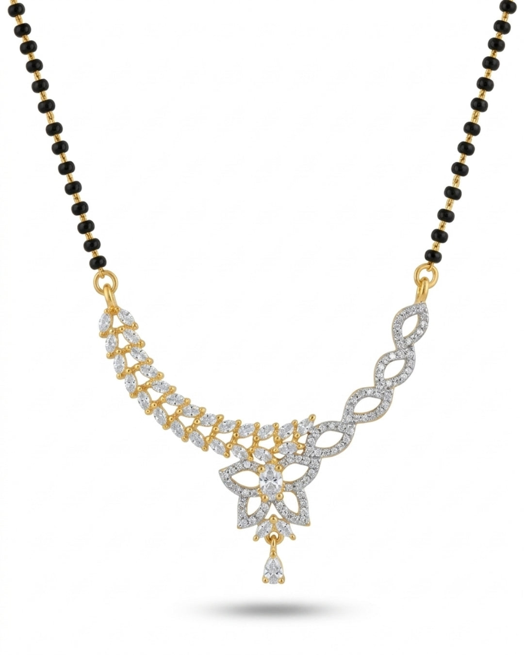 Floral Dual Tone American Diamond Black Beads Mangalsutra