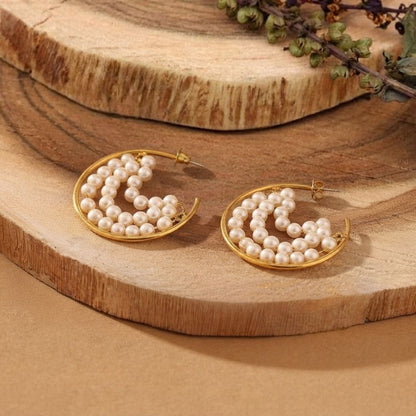 Handcrafted Pearl Half Hoop Gold Earrings