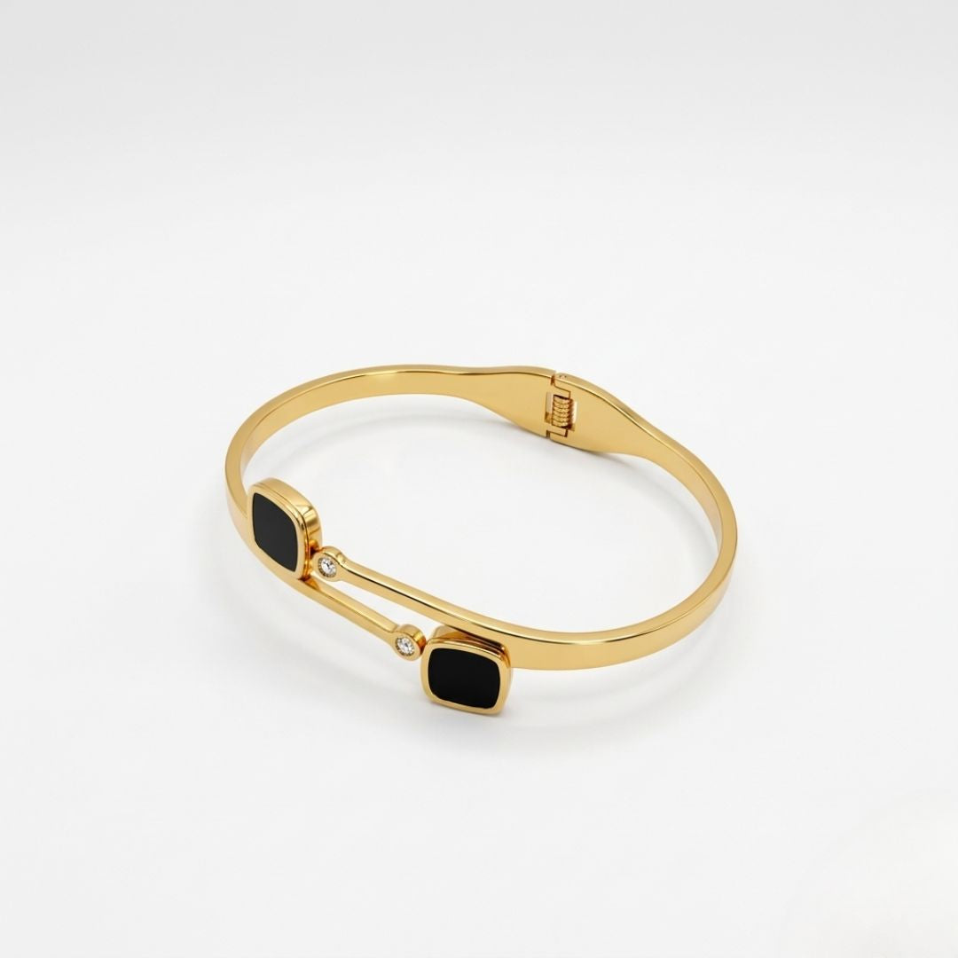 Square Black Stone Accent Bracelet with Dual-Bar Gold Frame