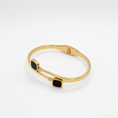 Square Black Stone Accent Bracelet with Dual-Bar Gold Frame