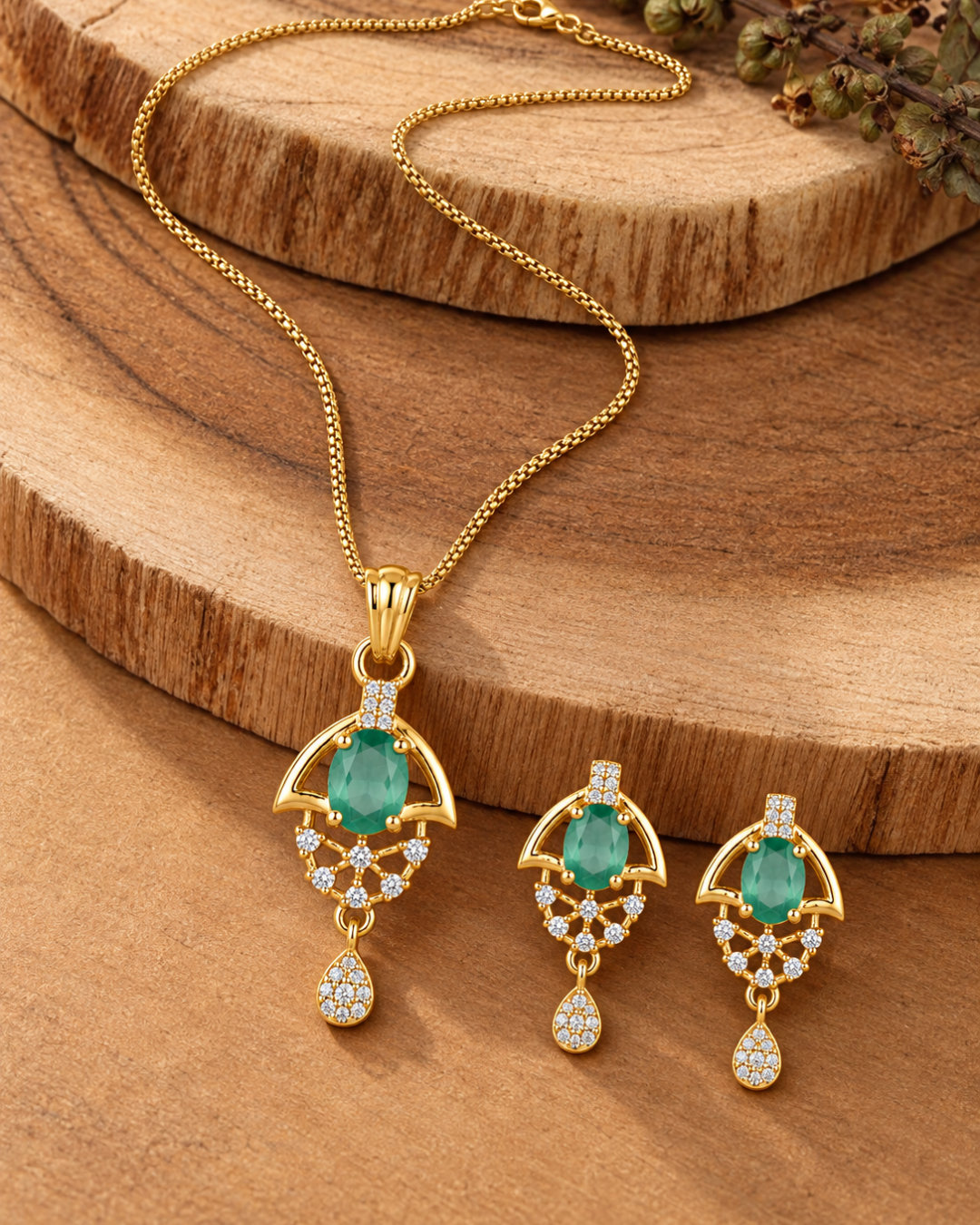 Green Halo Gold Finish Wedding Jewellery Pendant Set
