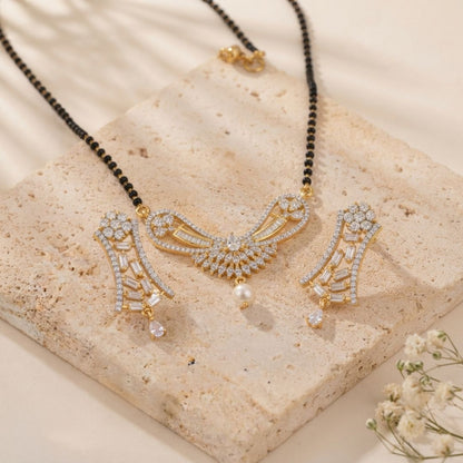 Designer American Diamond Black Beads Mangalsutra with Pearl Drop