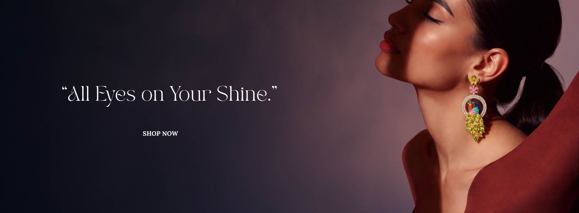 Woman wearing a colorful earring with text 'All Eyes on Your Shine' on a dark background