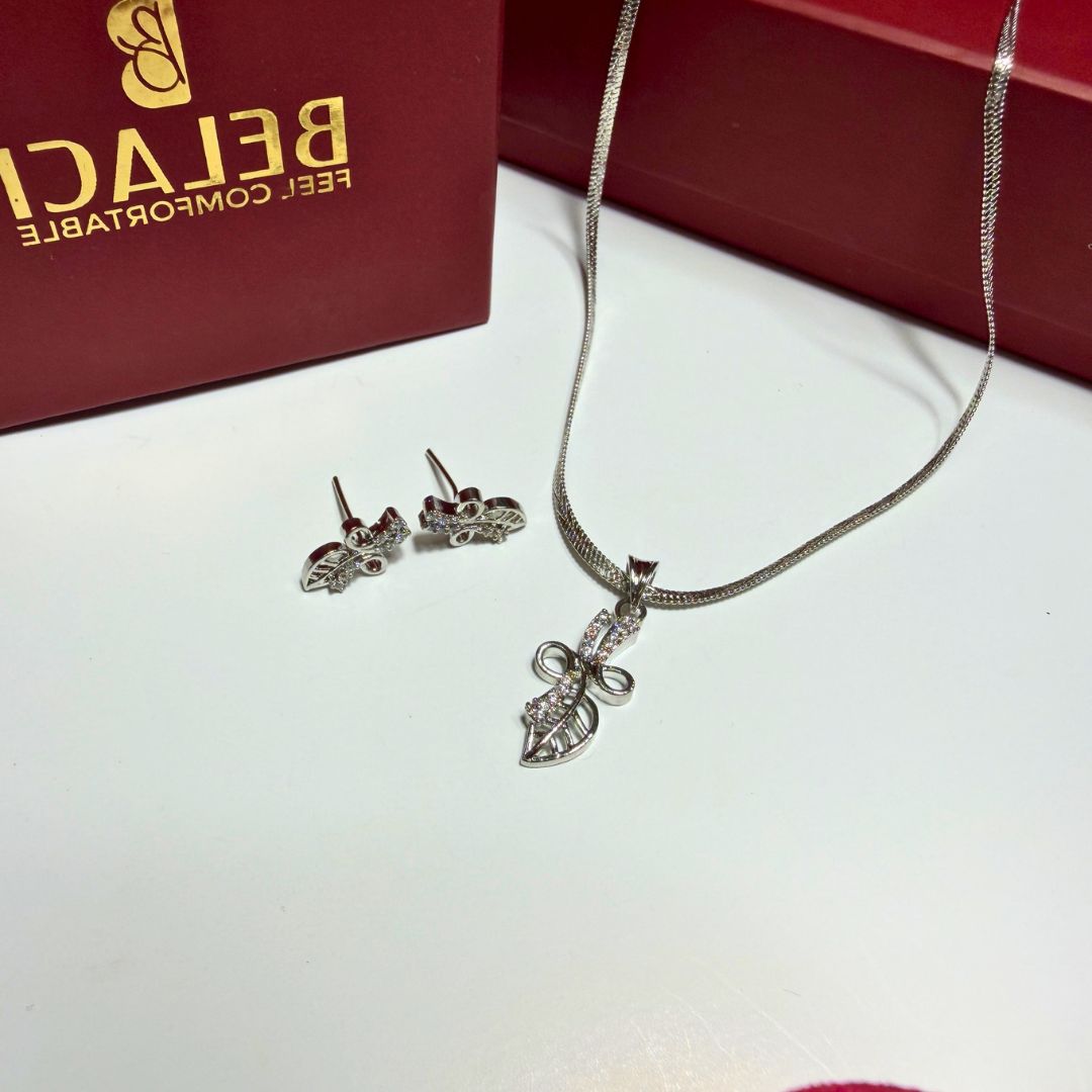 Leaf & Bow Pendant Necklace with Matching Earrings