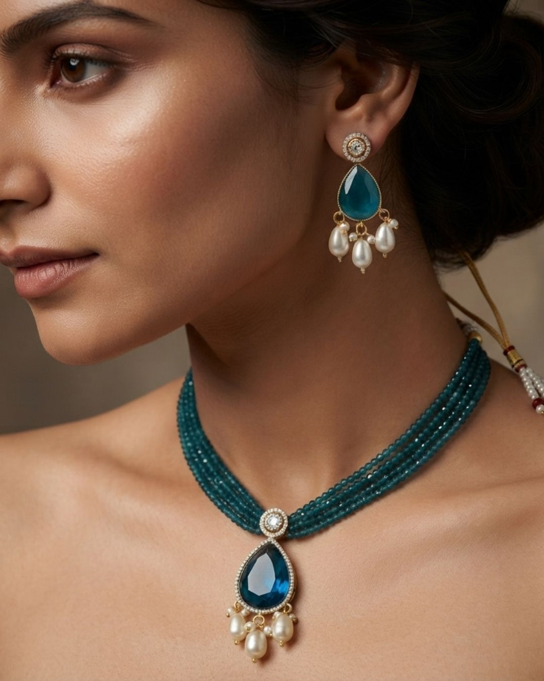 Royal Blue Hydro Beaded Polki Moissanite Necklace Set