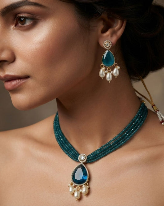 Royal Blue Hydro Beaded Polki Moissanite Necklace Set