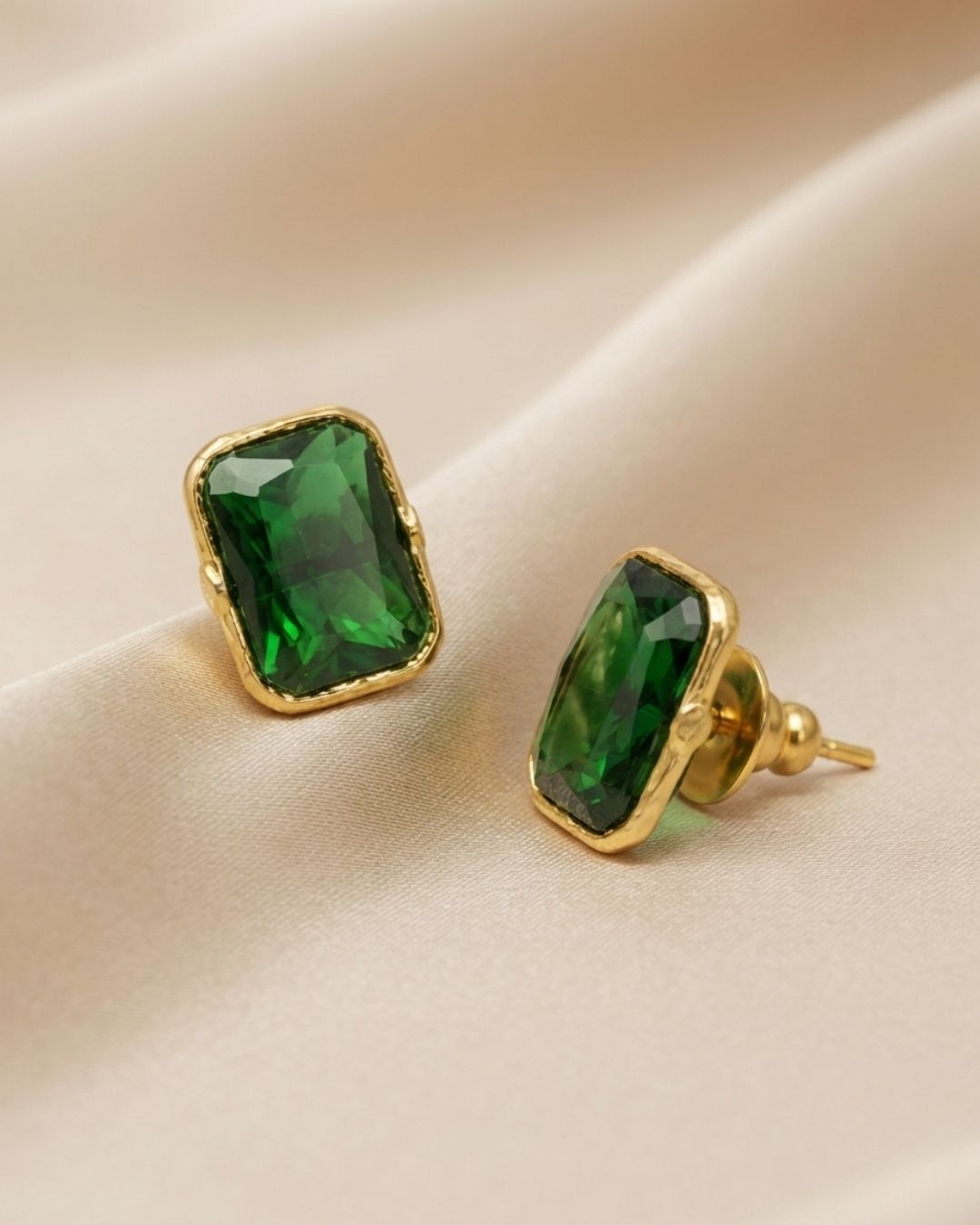 Green Rectangular Stone Stud Earrings for Women