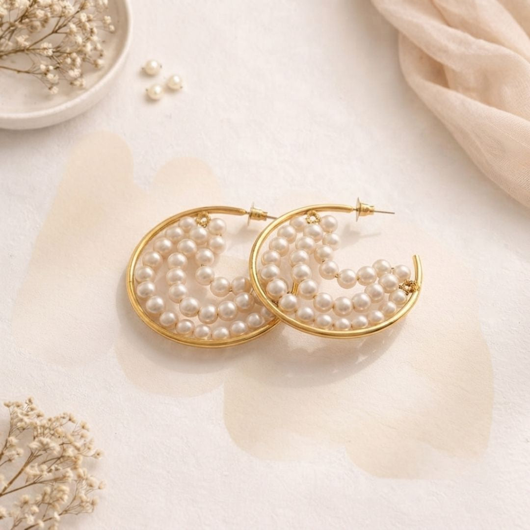 Handcrafted Pearl Half Hoop Gold Earrings