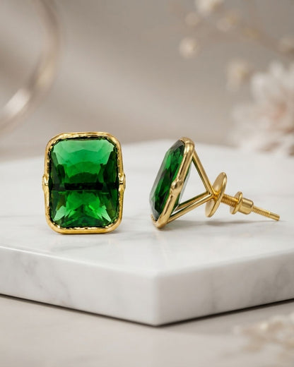 Green Rectangular Stone Stud Earrings for Women