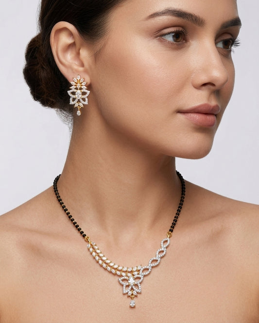 Floral Dual Tone American Diamond Black Beads Mangalsutra