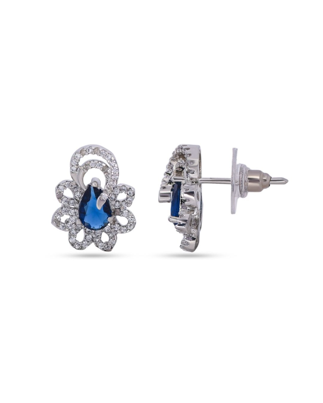 Blue Teardrop American Diamond Floral Stud Earrings