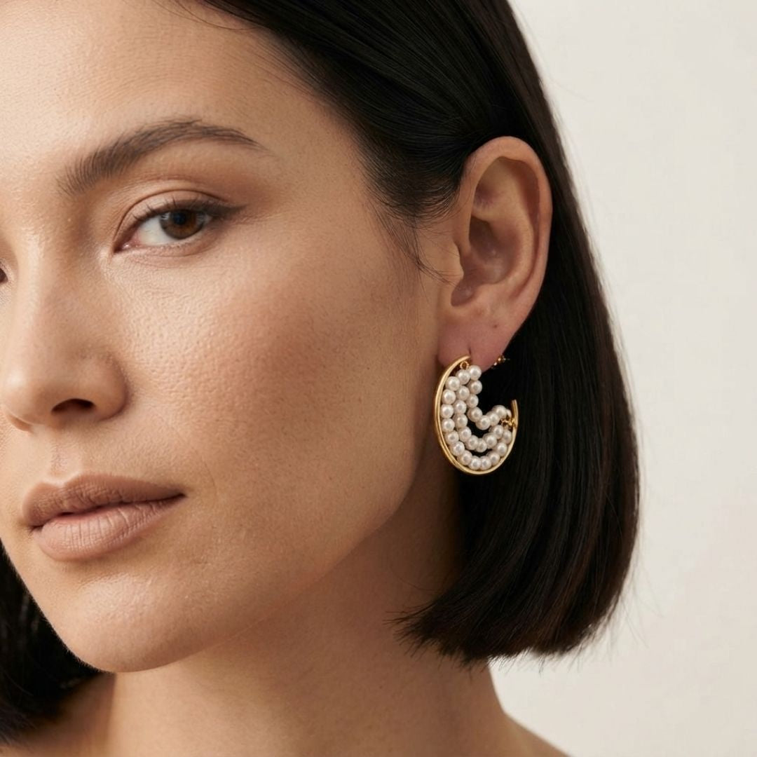 Handcrafted Pearl Half Hoop Gold Earrings