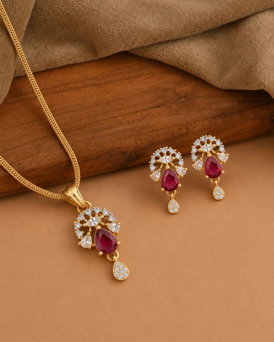 Ruby Bloom Gold Finish AD Pendant Set