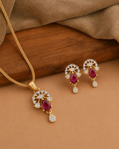 Ruby Bloom Gold Finish AD Pendant Set