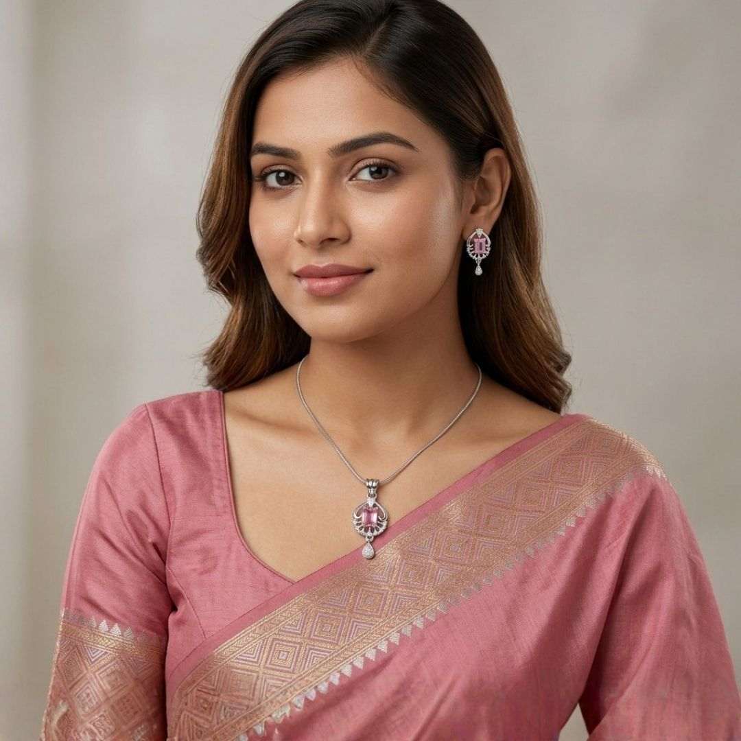 Pink Radiance Silver Finish Bridal Pendant Set