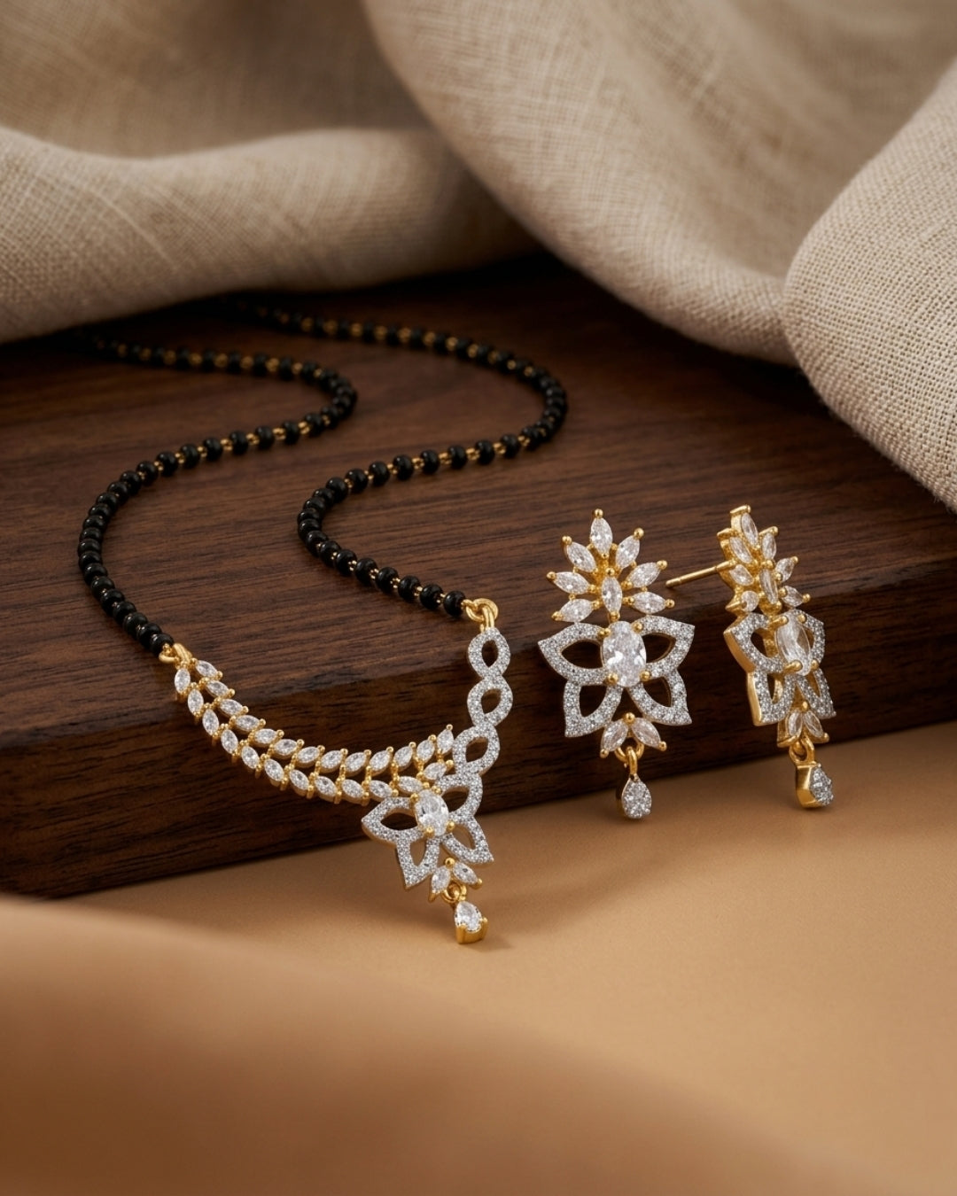 Floral Dual Tone American Diamond Black Beads Mangalsutra