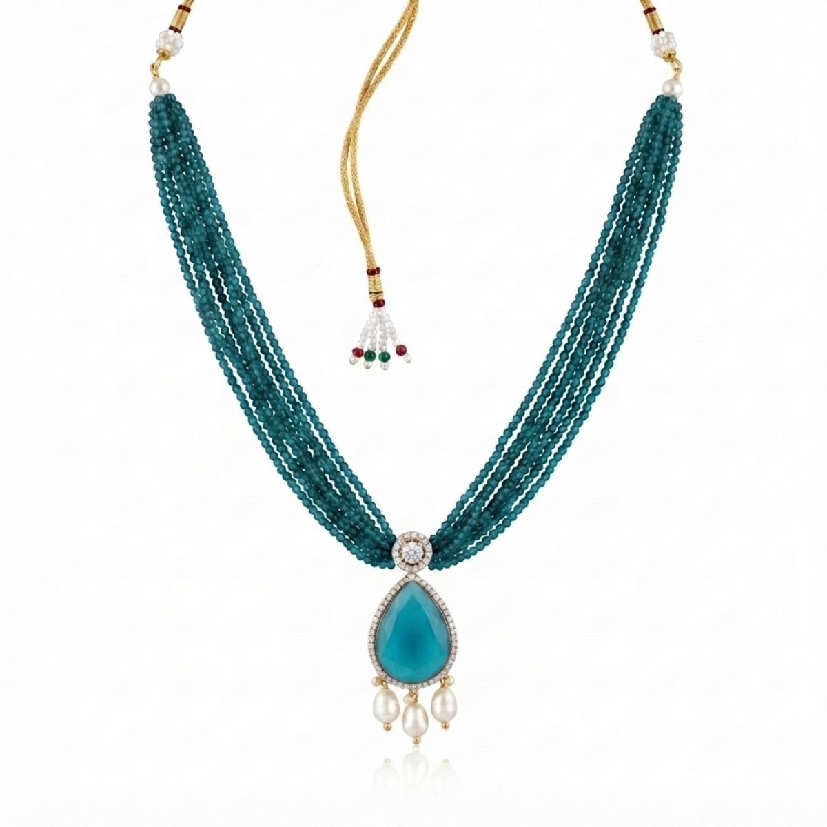Teal Beaded Moissanite Statement Necklace Set