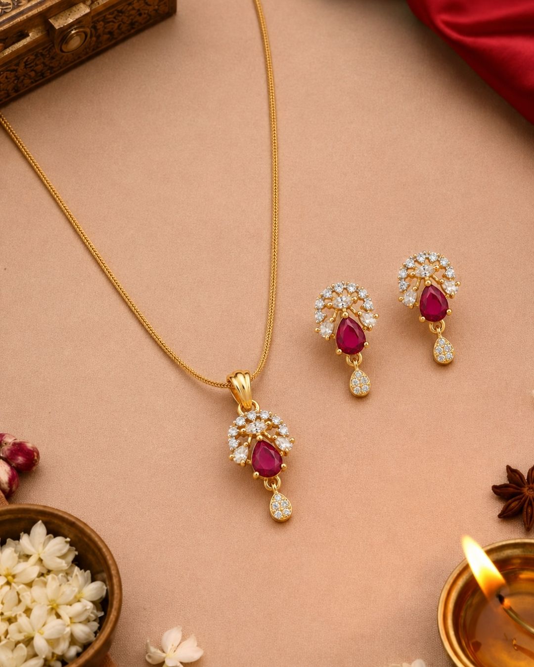Ruby Bloom Gold Finish AD Pendant Set